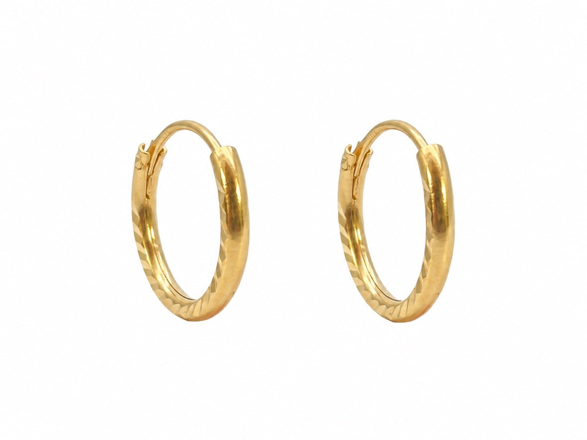 22ct Yellow Gold Diamond Cut Hoop Earrings 10mm Small Sleeper Huggie Hoops Pair