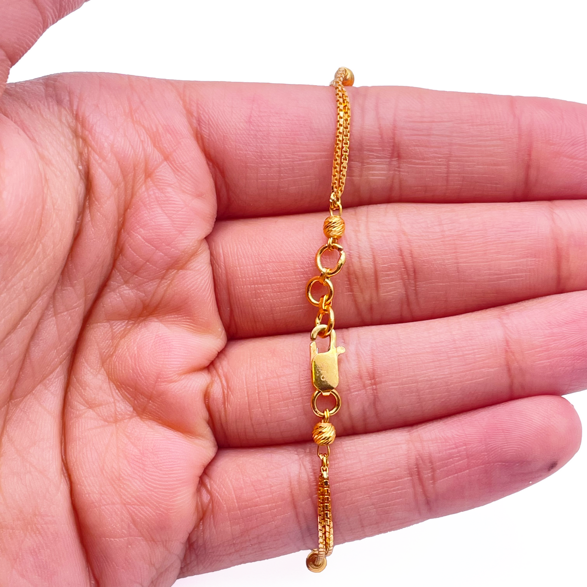 22 Karat Gelbgold Zweilagige Kette mit Diamantgeschliffenen Perlen Armband