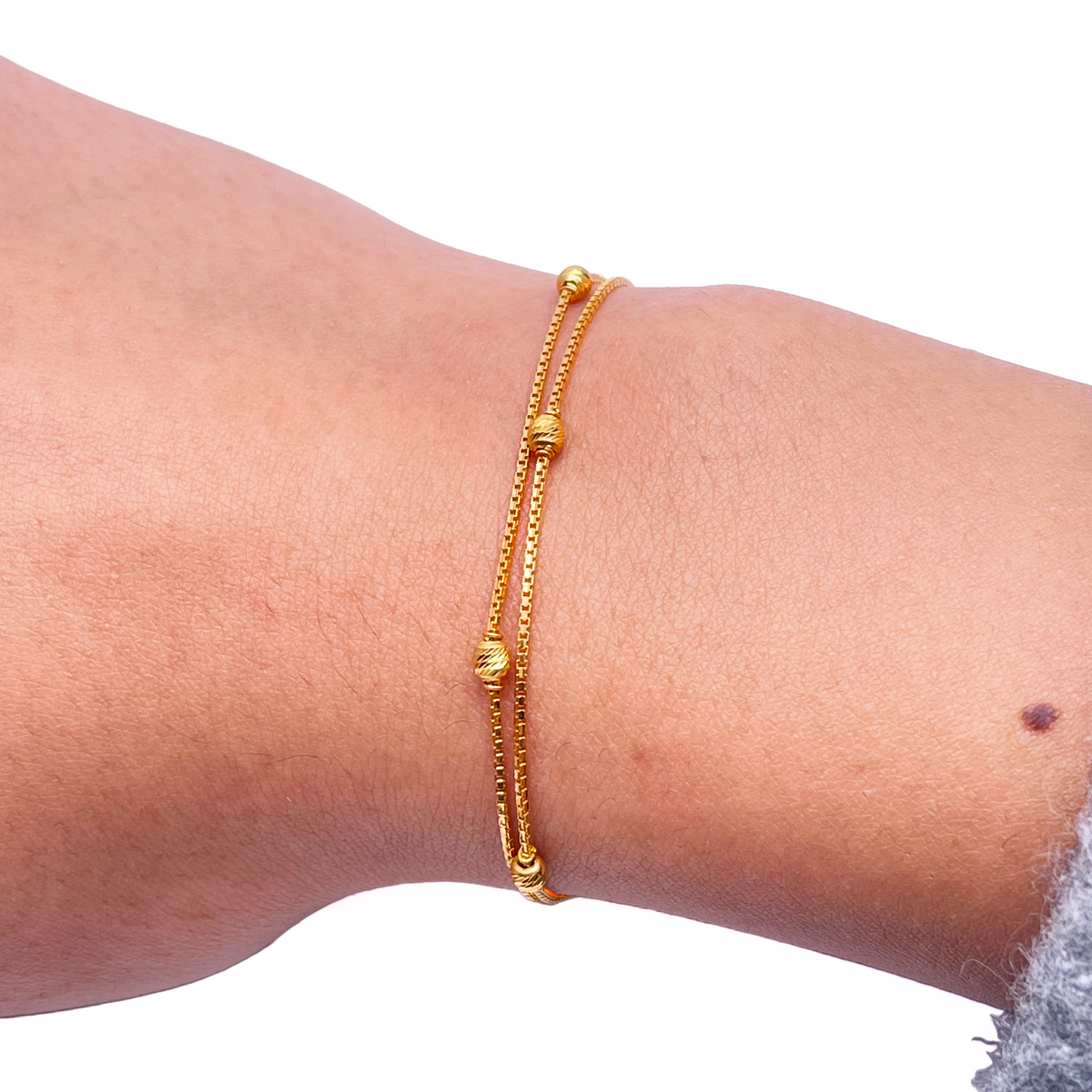 22 Karat Gelbgold Zweilagige Kette mit Diamantgeschliffenen Perlen Armband
