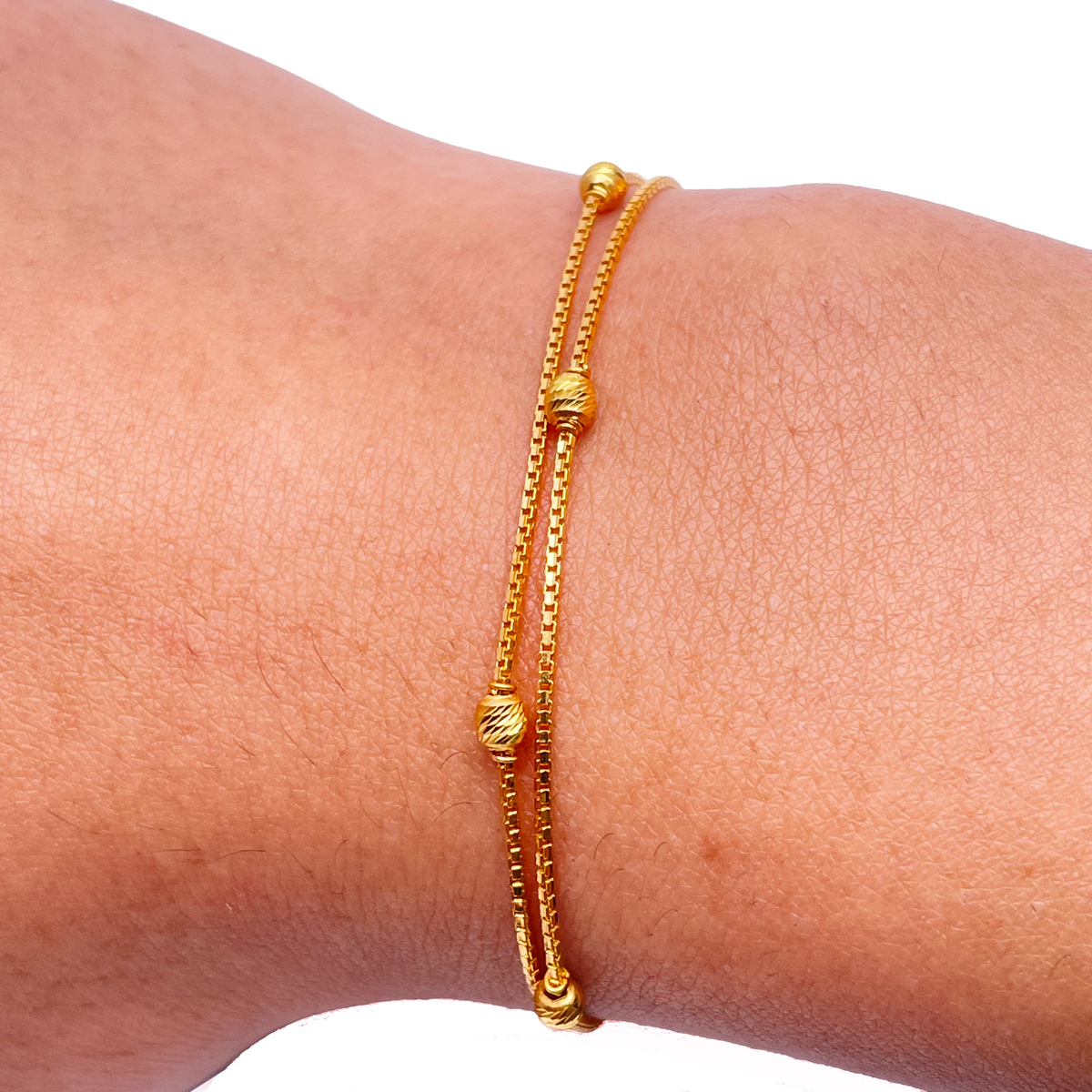 22 Karat Gelbgold Zweilagige Kette mit Diamantgeschliffenen Perlen Armband