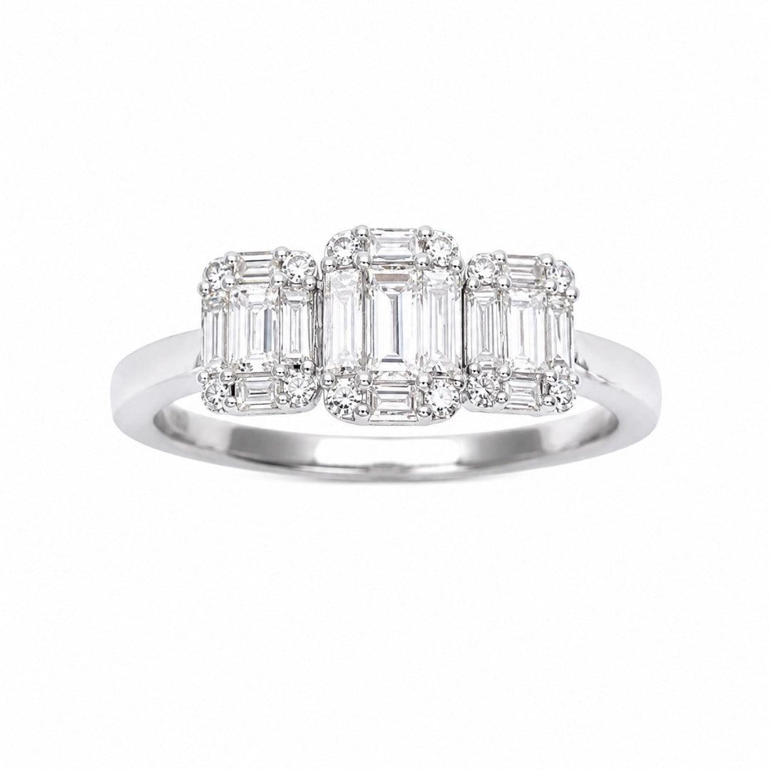 18 Karat Weißgold runder Diamant- und Baguetteschliff-Trilogie-Ring 0,58 ct