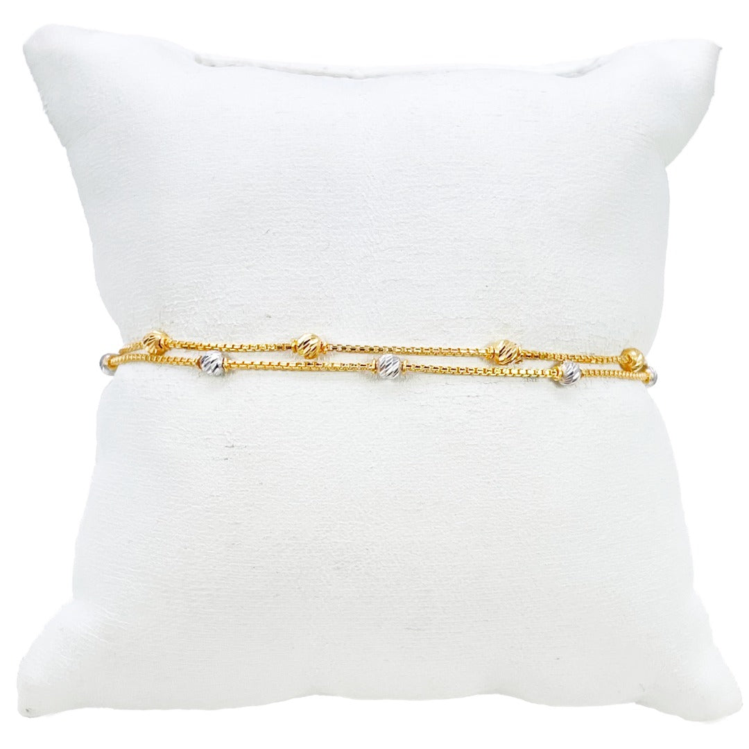 22 Karat Gelbgold Doppelreihiges Armband mit zweifarbigen Diamantschliff-Perlen