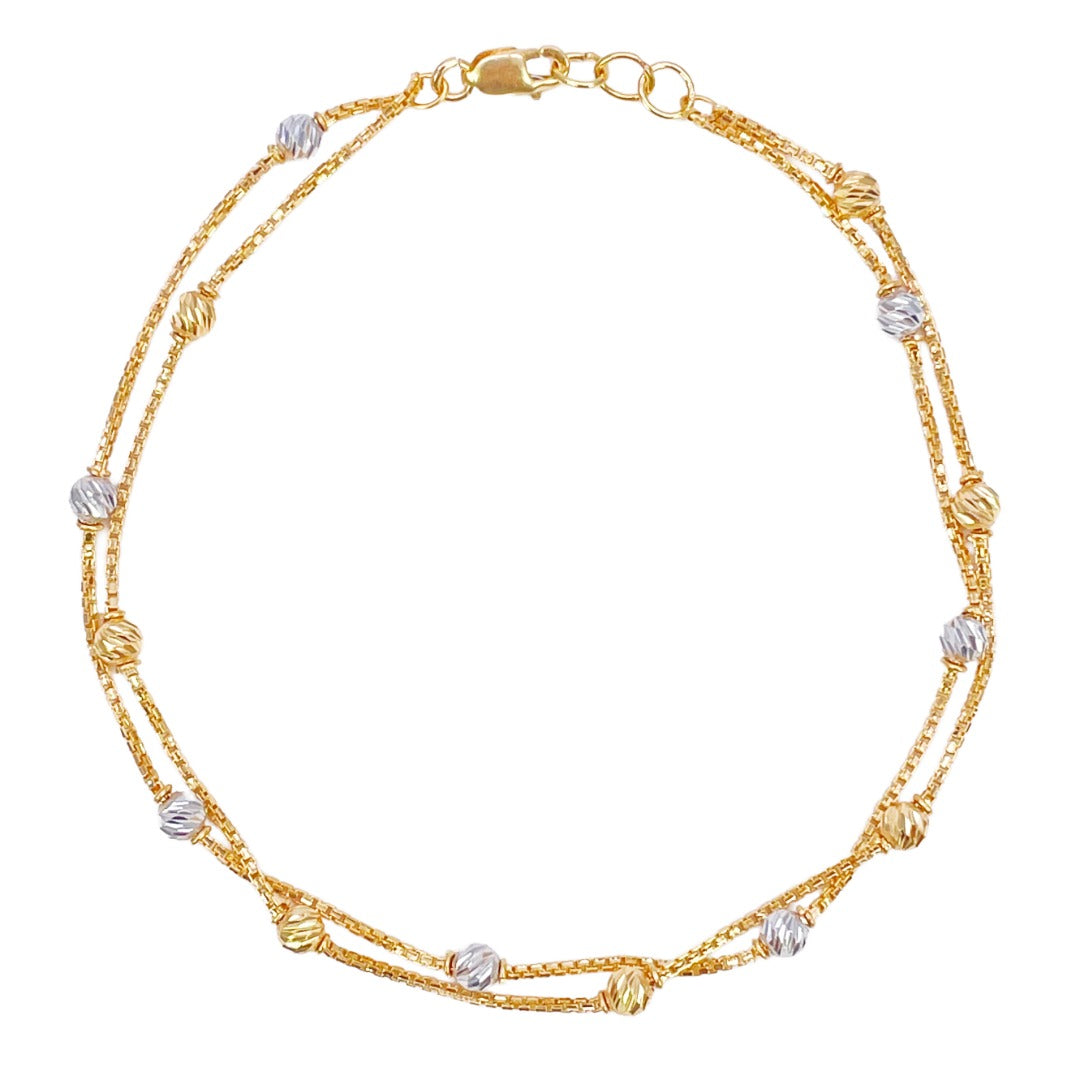 22 Karat Gelbgold Doppelreihiges Armband mit zweifarbigen Diamantschliff-Perlen