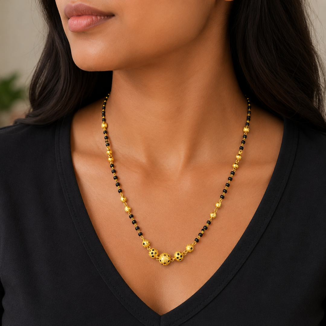 22 Karat Gelbgold Diamantgeschliffene Perlen-Mangalsutra-Halskette 47 cm