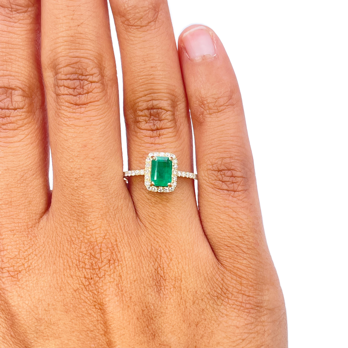 14 Karat Gelbgoldring mit 4 Krappen, natürlichem Smaragd & runden Diamanten 1,22 Karat