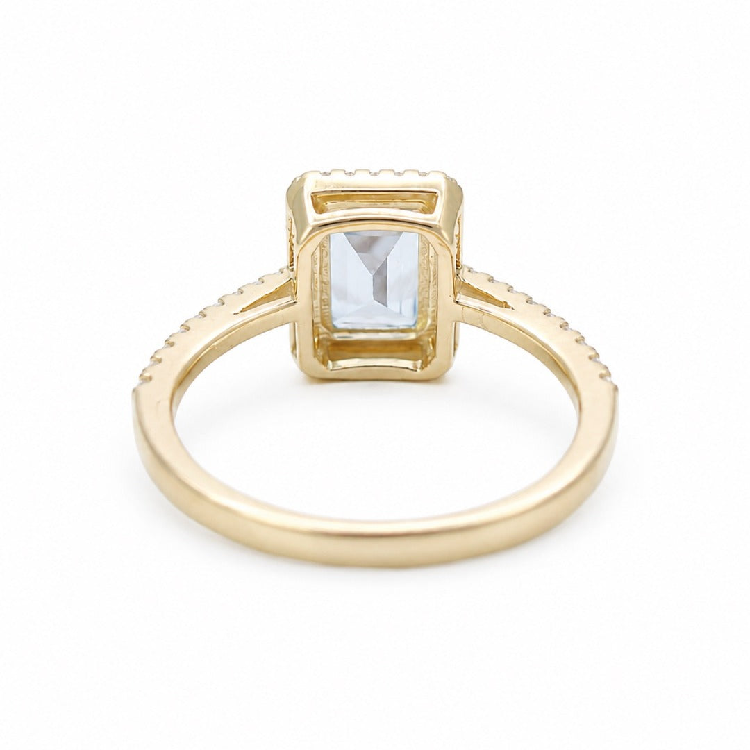 9ct Yellow Gold Emerald-Cut Aquamarine & Round Diamond Halo Ring 1.73ct