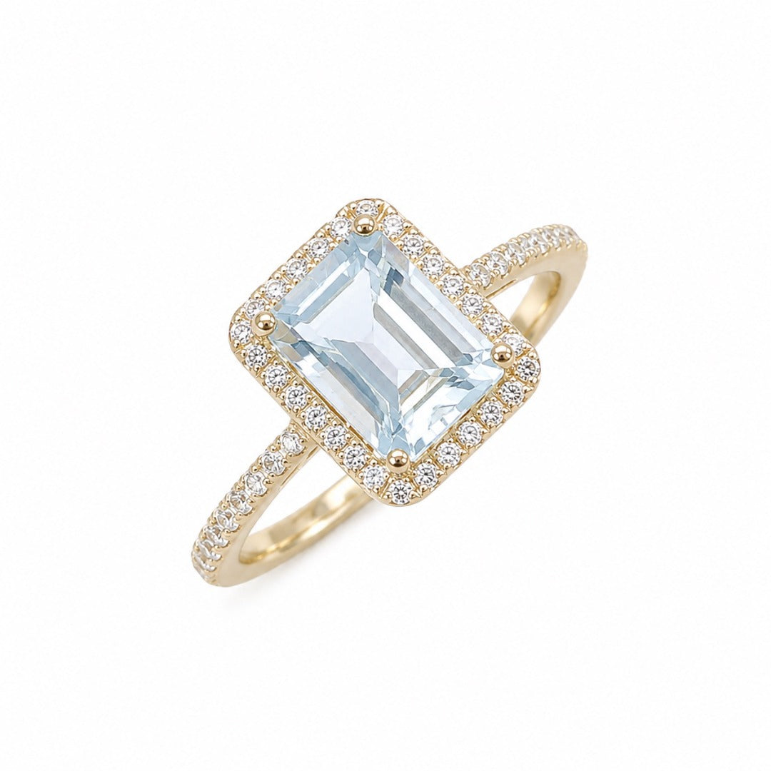9ct Yellow Gold Emerald-Cut Aquamarine & Round Diamond Halo Ring 1.73ct