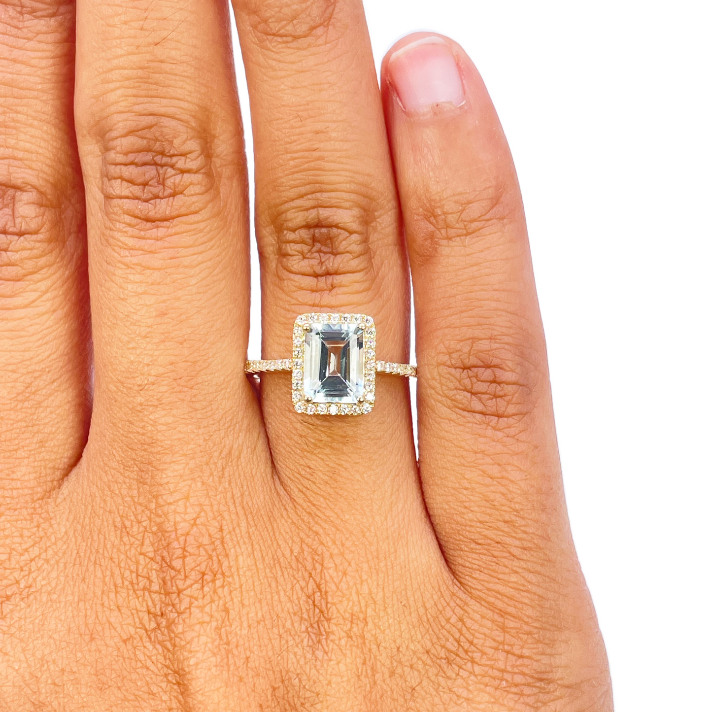 9ct Yellow Gold Emerald-Cut Aquamarine & Round Diamond Halo Ring 1.73ct