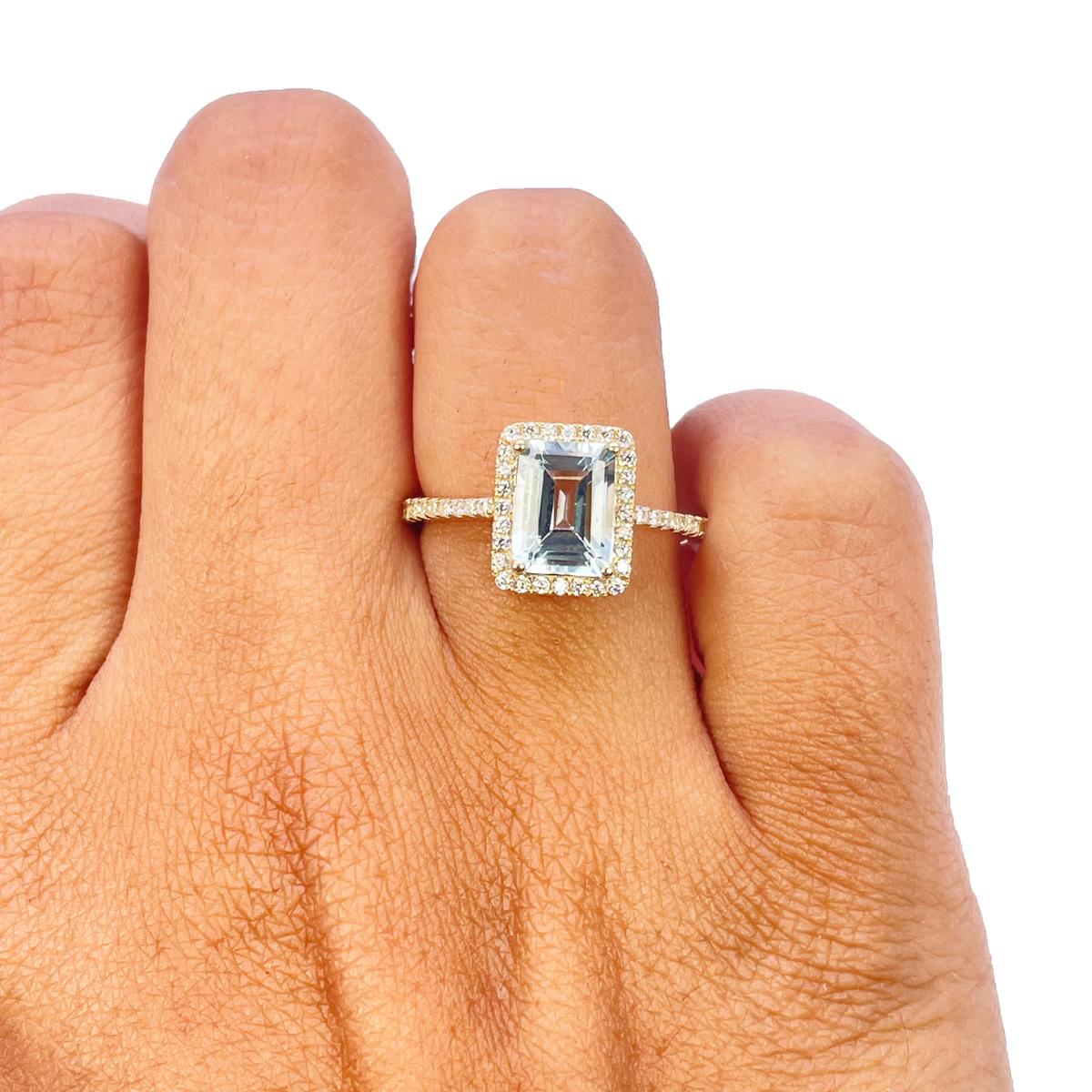 9ct Yellow Gold Emerald-Cut Aquamarine & Round Diamond Halo Ring 1.73ct