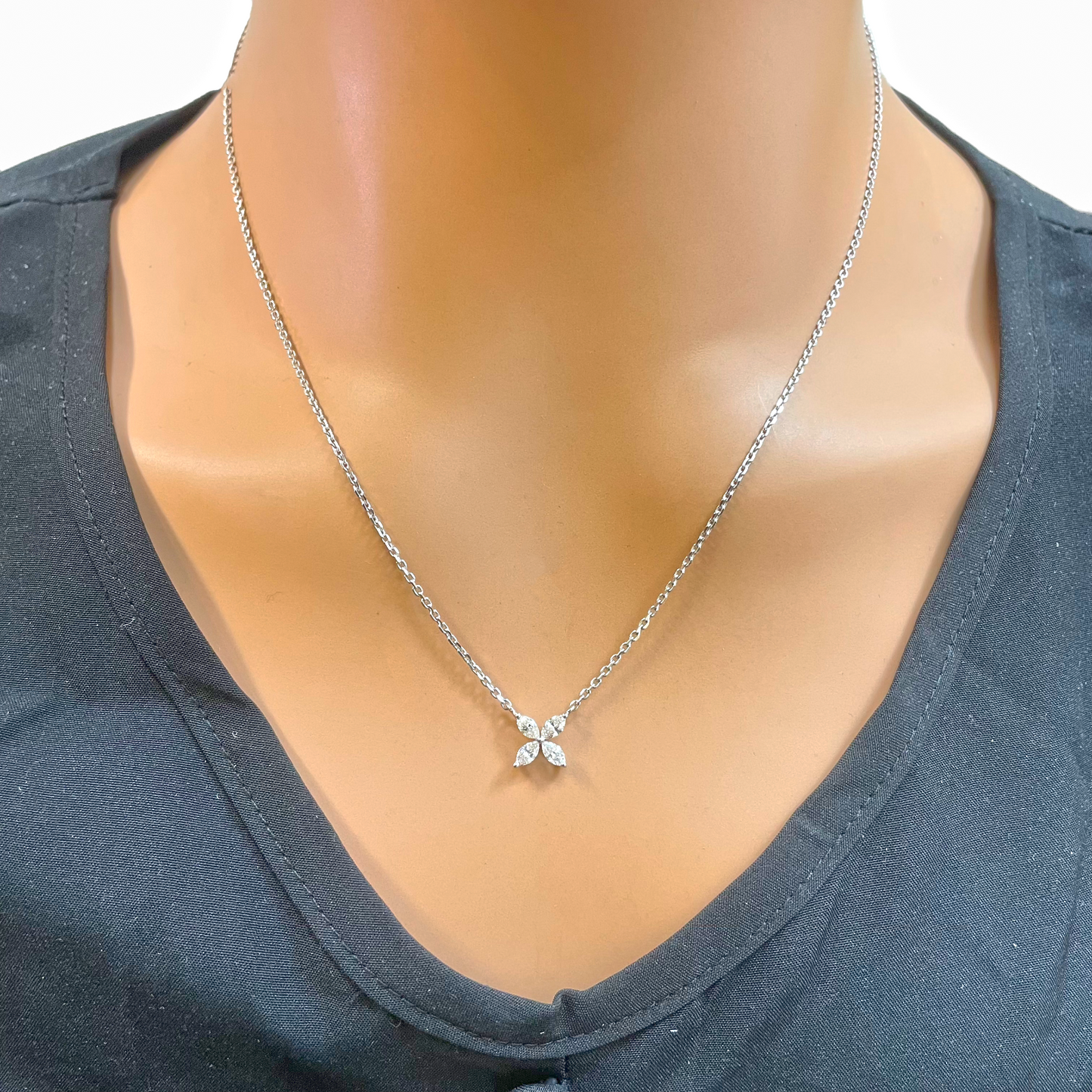 18ct White Gold Marquise Diamond Four-Leaf Flower Pendant Necklace ? 0.45ct