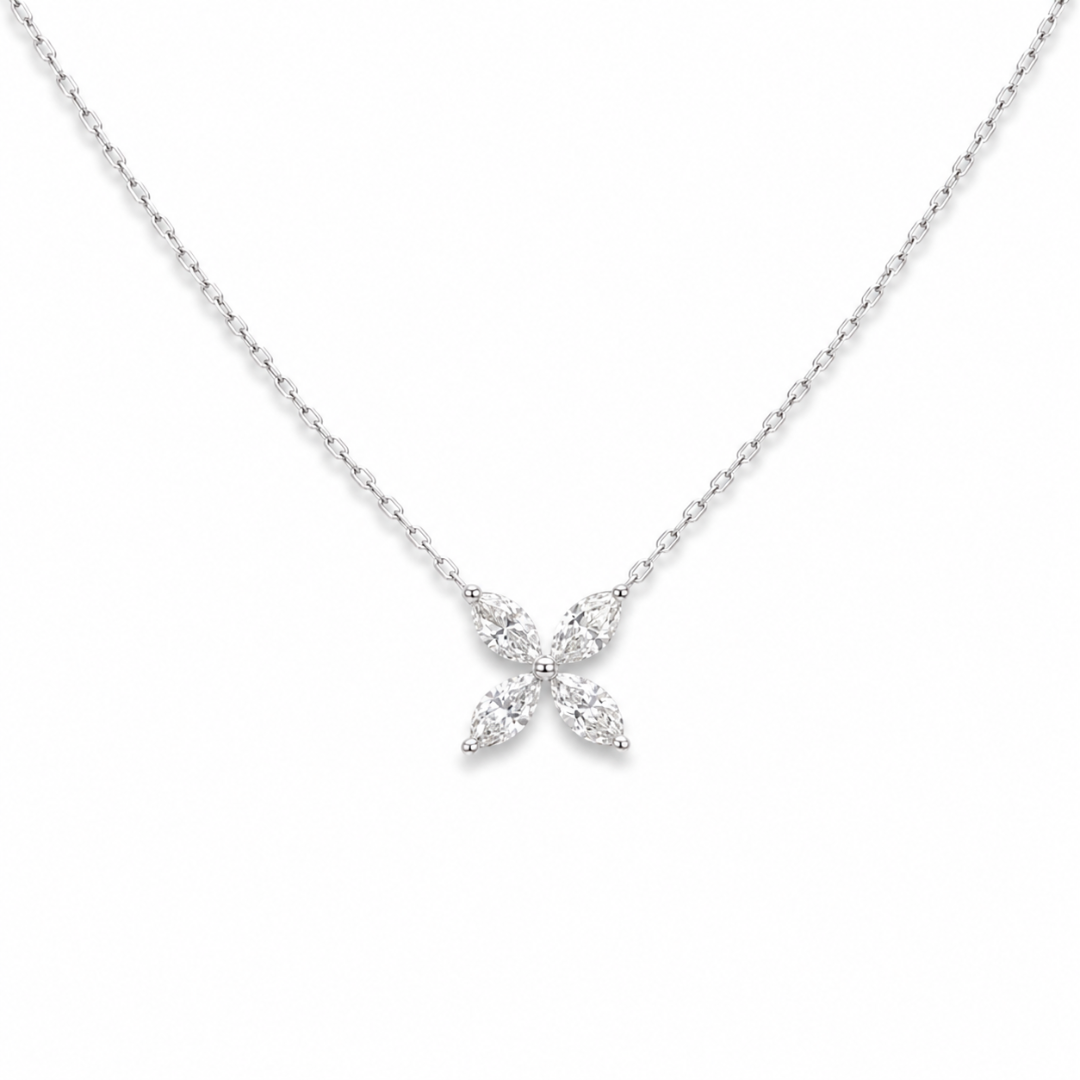 18ct White Gold Marquise Diamond Four-Leaf Flower Pendant Necklace ? 0.45ct