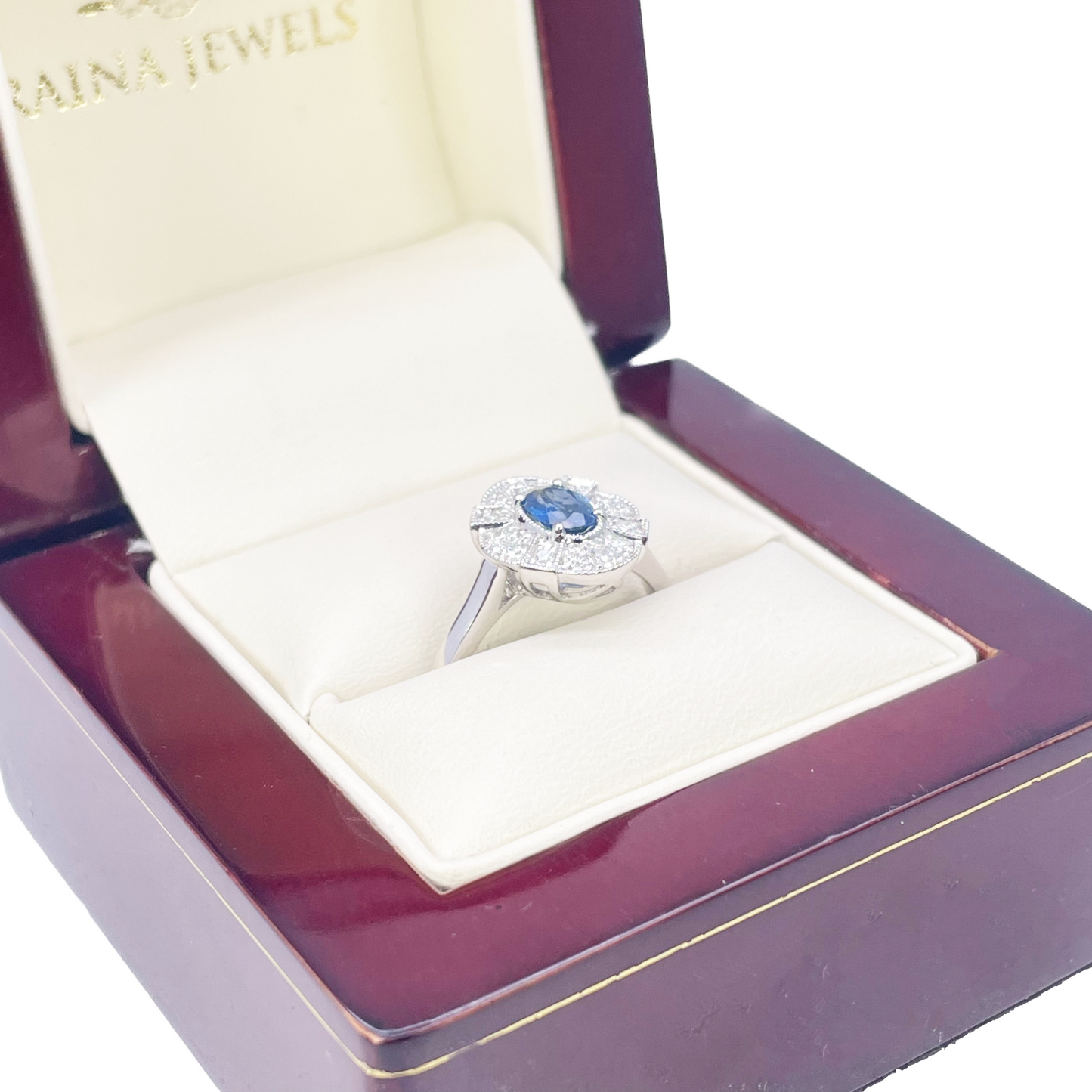 18 Karat Weißgold Ring mit ovalem blauem Saphir, Diamanten und Milgrain-Verzierung 0,65ct