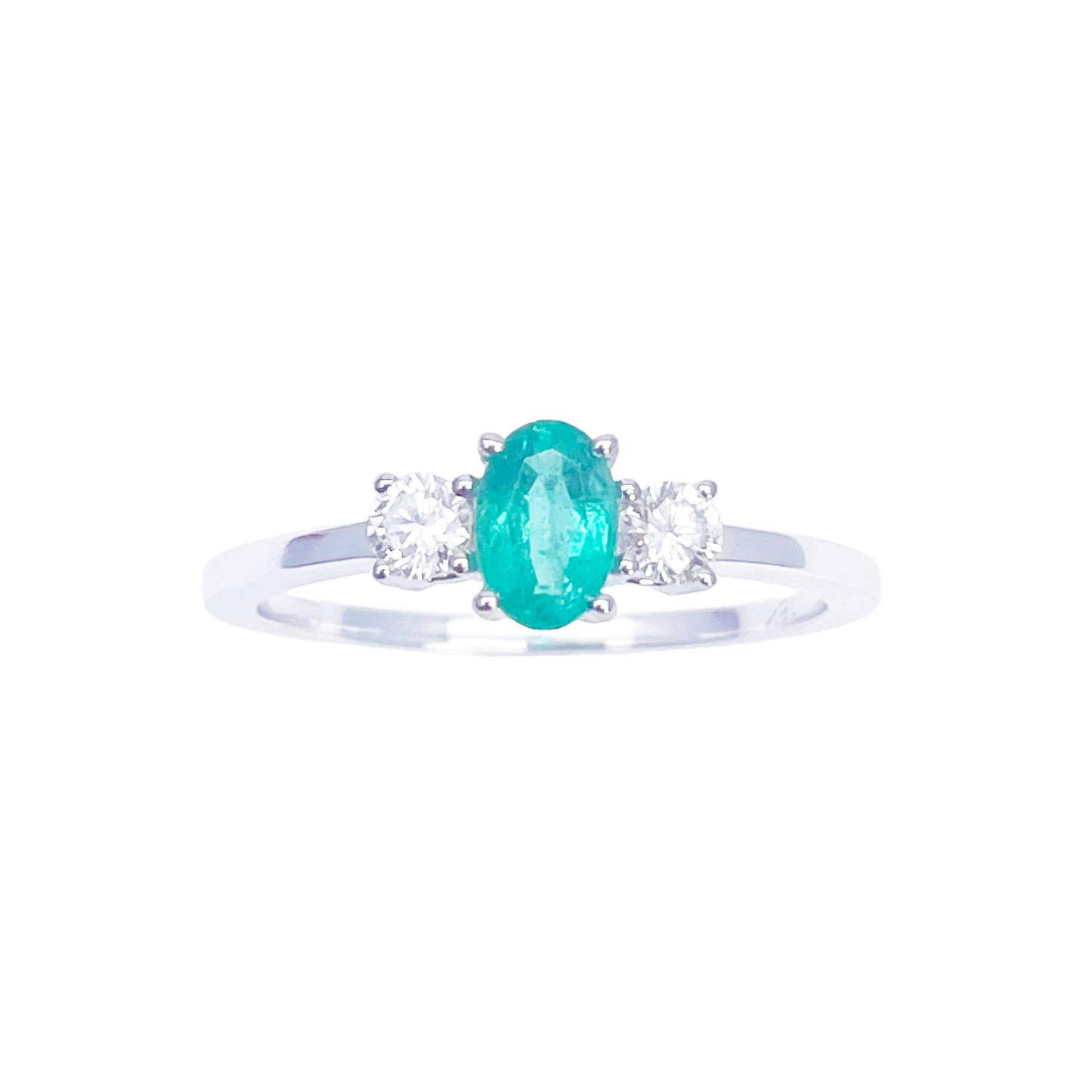 18 Karat Gold Smaragd Diamant Ring Natur Rund & Oval Schliff Drei-Stein 0,60 Karat