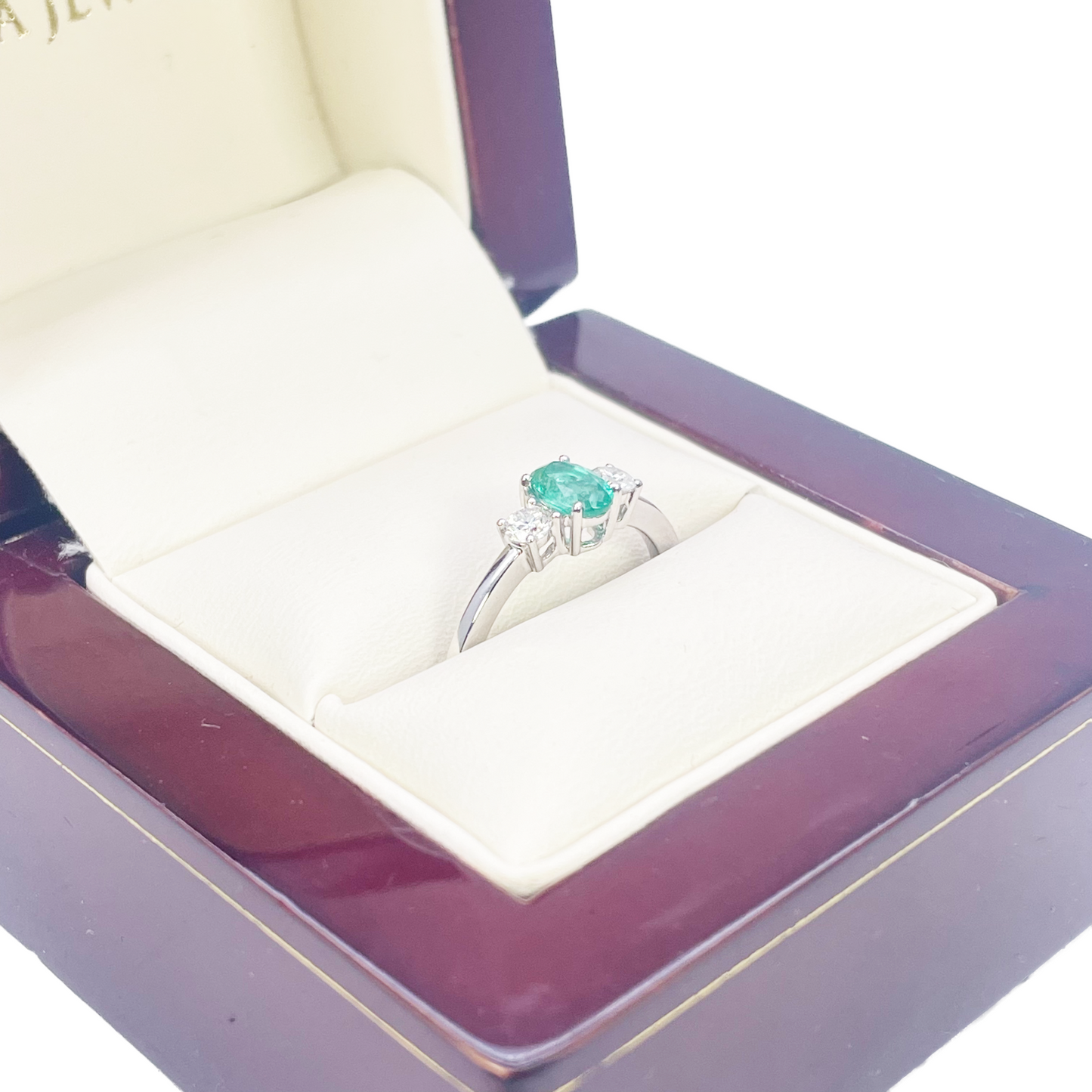 18 Karat Gold Smaragd Diamant Ring Natur Rund & Oval Schliff Drei-Stein 0,60 Karat