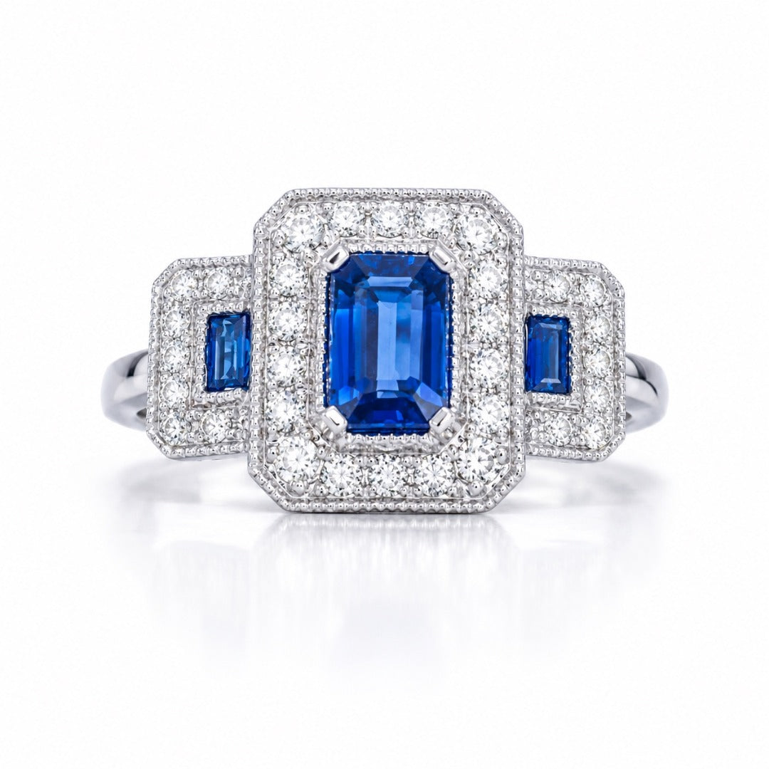 18ct Gold Emerald Cut Sapphire Triple Halo Round Diamond Art Deco Ring 1.14ct