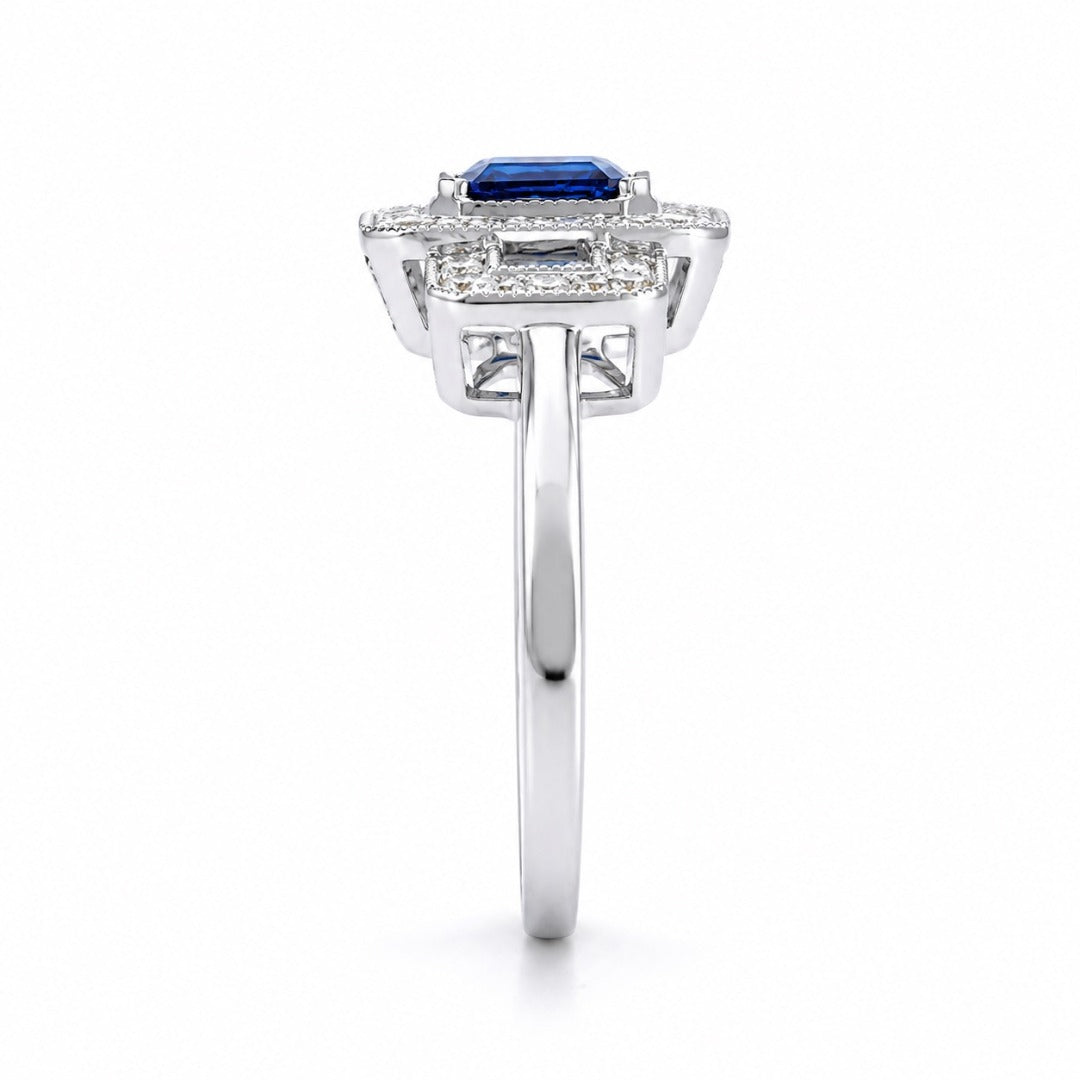18ct Gold Emerald Cut Sapphire Triple Halo Round Diamond Art Deco Ring 1.14ct
