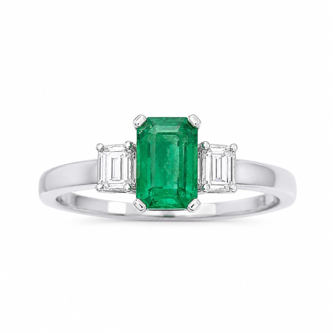 18 Karat Gold Smaragd Diamant Ring Natürlicher Baguette- & Smaragdschliff 0,75 Karat