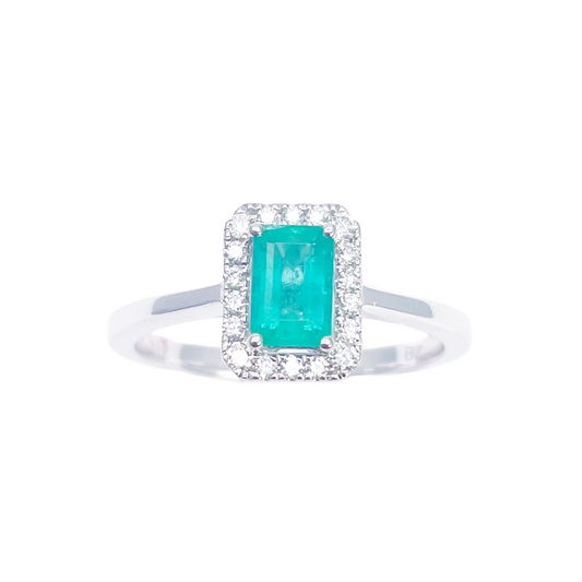 18 Karat Gold Ring mit natürlichem Smaragd, Diamant-Halo, runder und Smaragdschliff 0,70 Karat