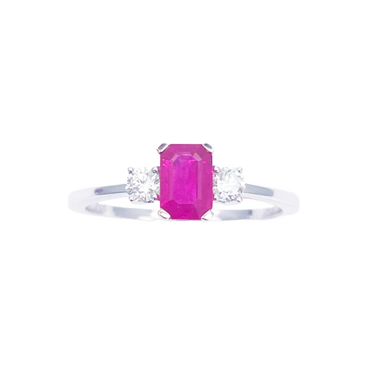 18 Karat Gold Rubin Diamant Ring Natürlicher runder & Smaragdschliff Dreistein 0,75ct