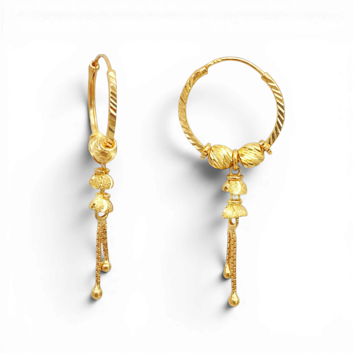 22 Karat Gelbgold Diamantgeschliffene Kugel-Tropfen-Creolen 14mm