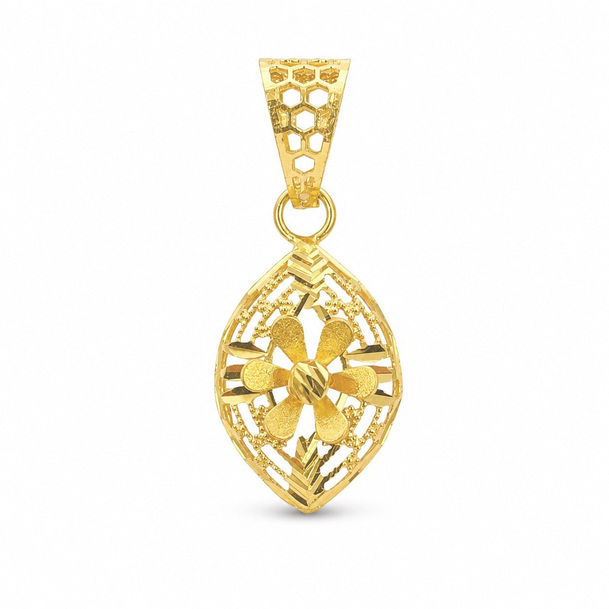 22ct Yellow Gold Diamond Cut Open Lattice Eye Shape Daisy Floral Pendant