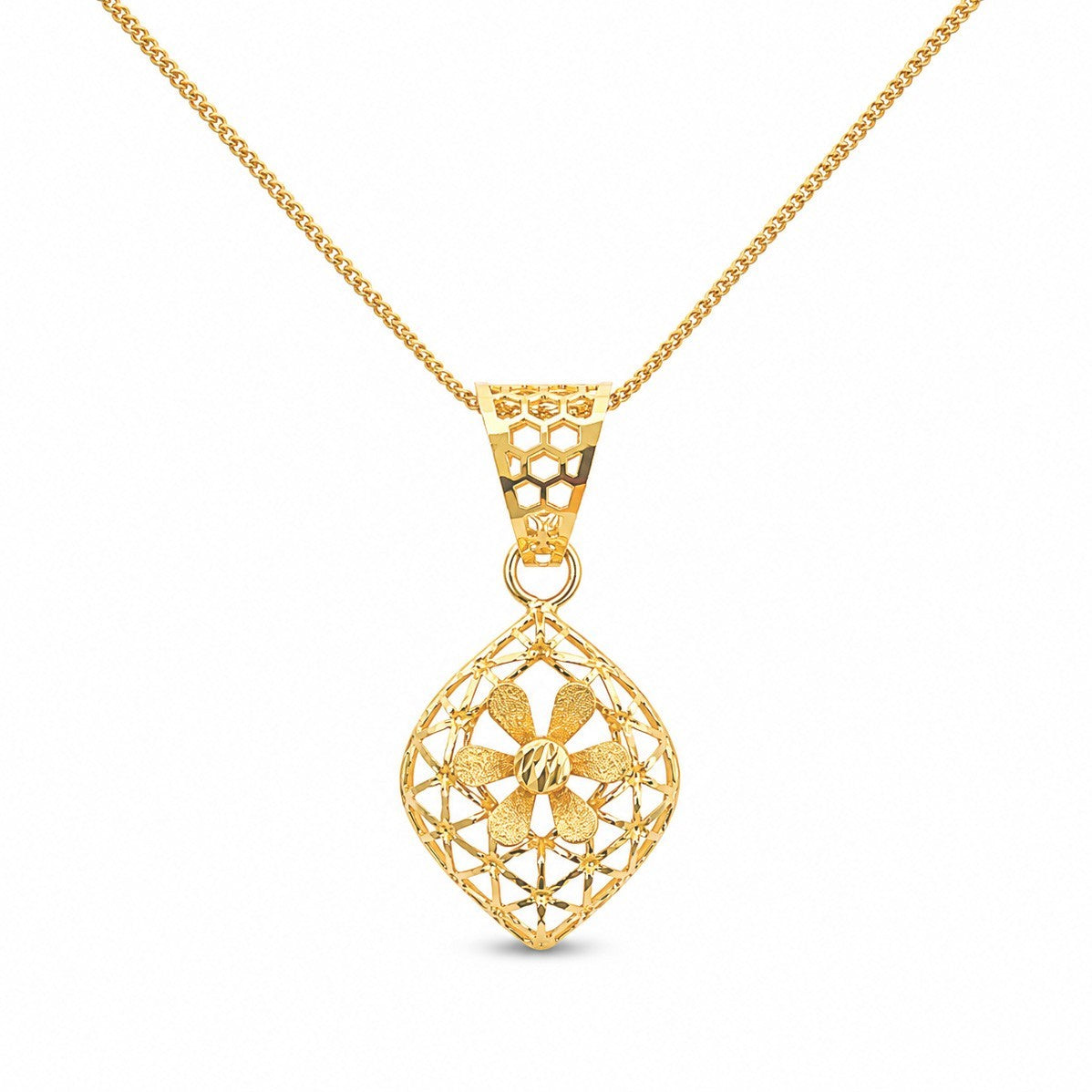 22ct Yellow Gold Diamond Cut Geometric Mesh Rhombus Daisy Pendant