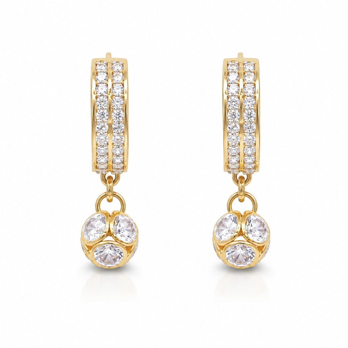 22ct Yellow Gold Double Row CZ Huggie Hoop Ball Drop Earrings 11.3mm Diameter