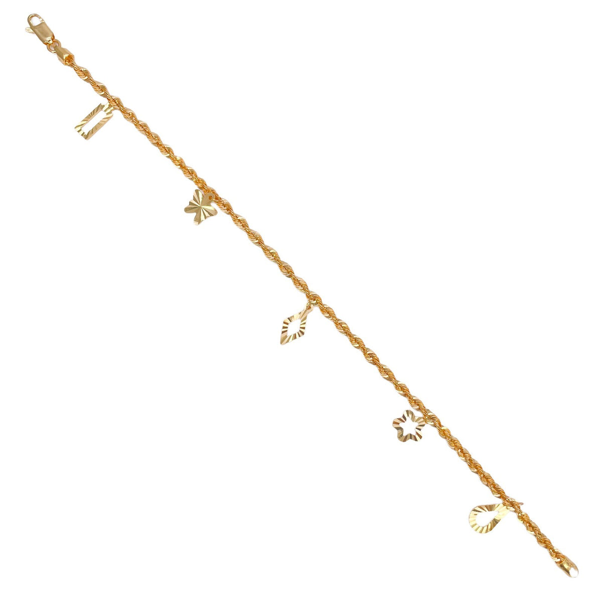 22ct Yellow Gold Rope Chain Bracelet with Diamond Cut Open Charms