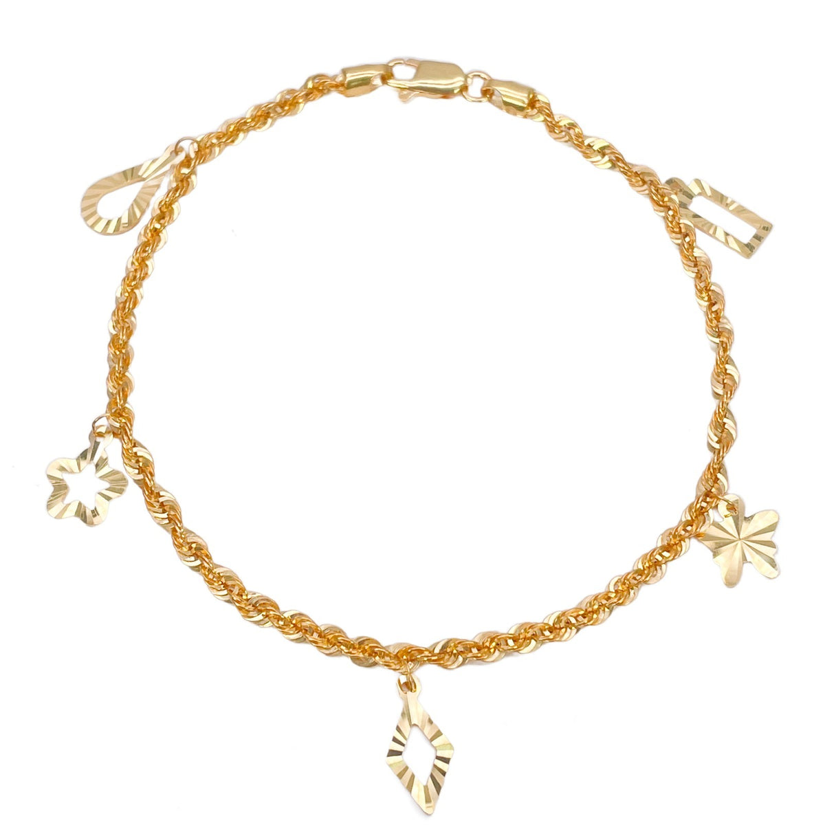 22ct Yellow Gold Rope Chain Bracelet with Diamond Cut Open Charms