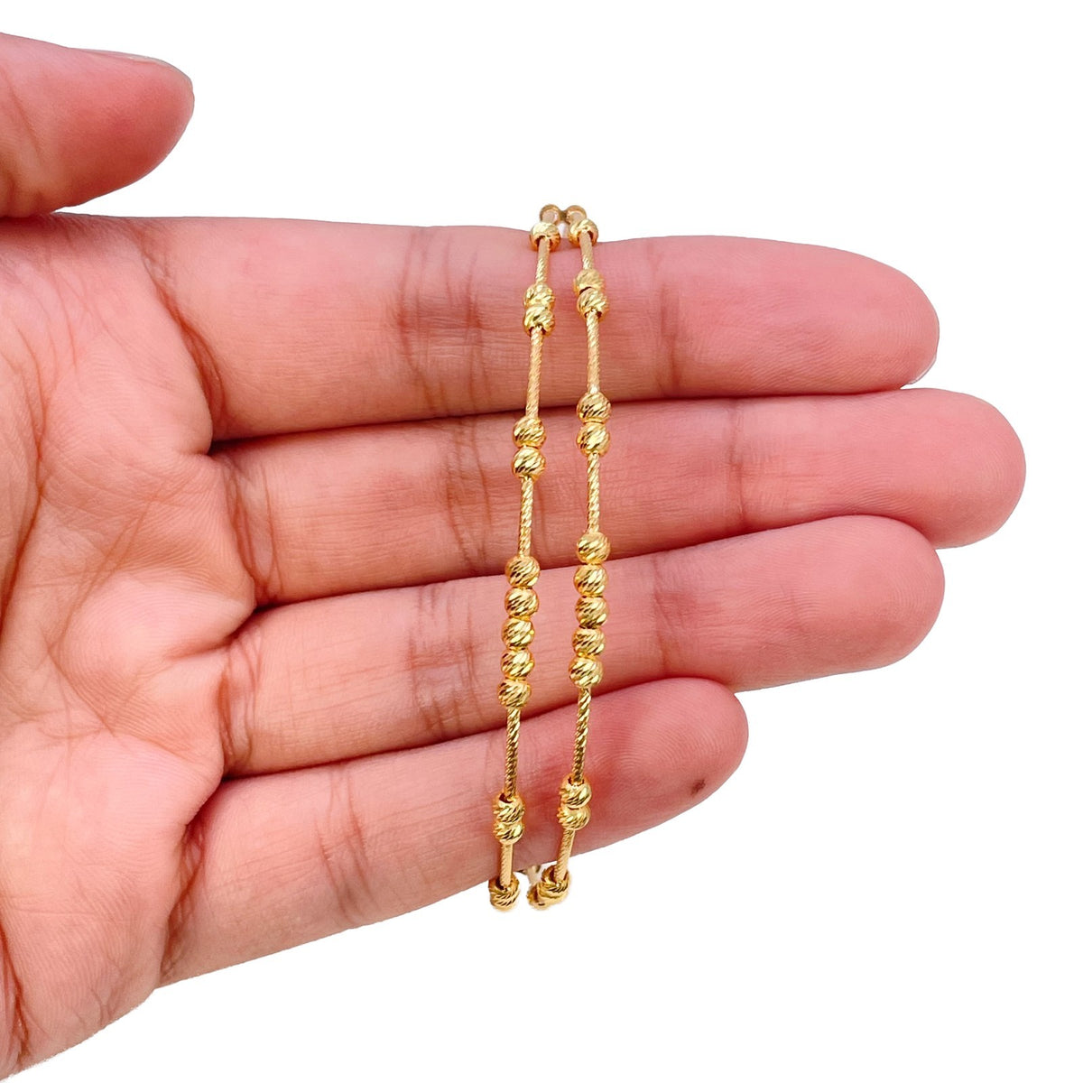 22ct Yellow Gold Double Row Beaded Bracelet Diamond Cut Bead Clusters