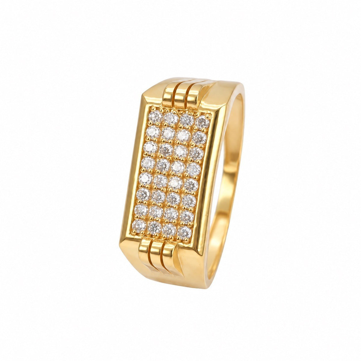 22ct Yellow Gold Cubic Zirconia Signet Ring Cluster Set Triple Groove Shoulders