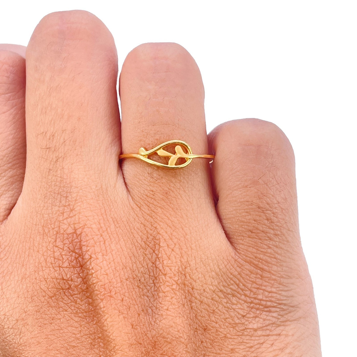 22ct Yellow Gold Leaf Outline Ring Matt Vein Polished Finish