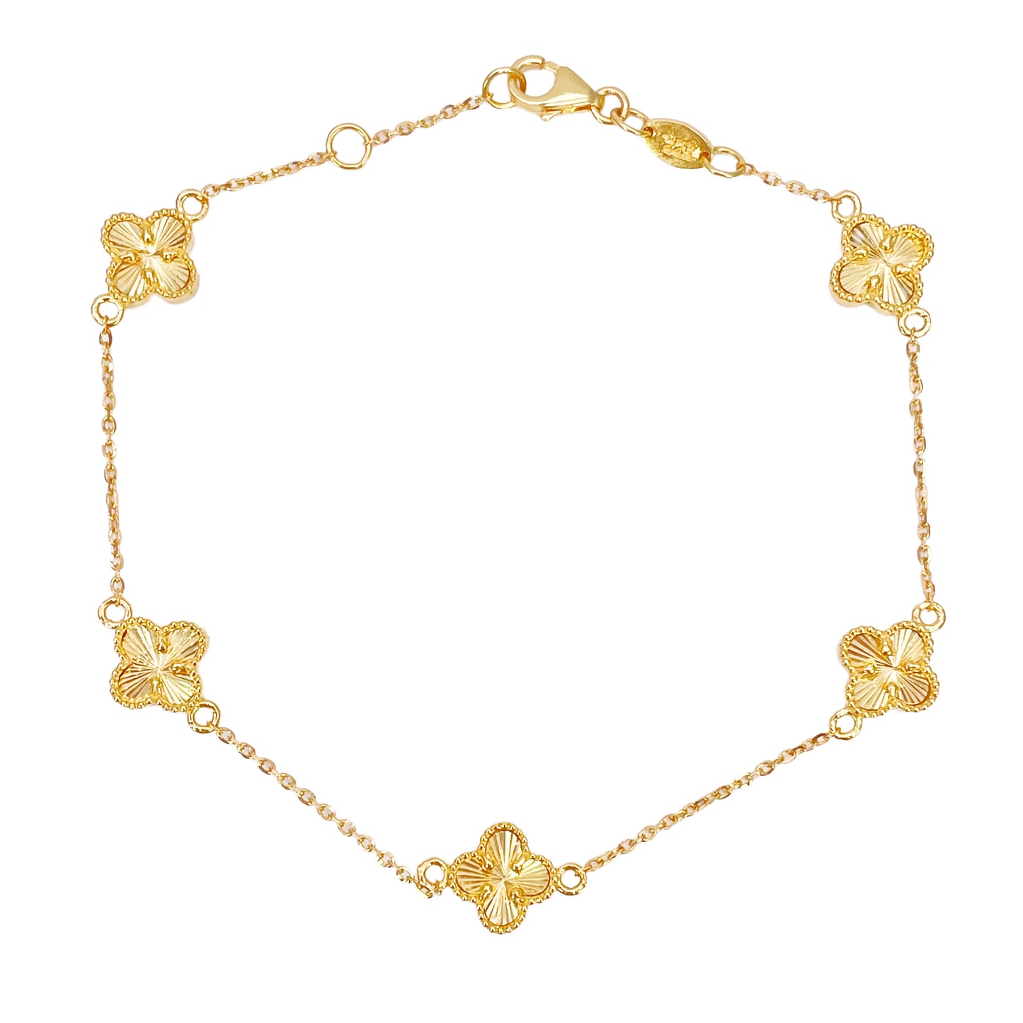 22 Karat Gelbgold Armband mit 5 Blumen-Kleeblättern und Diamantschliff, 19 cm
