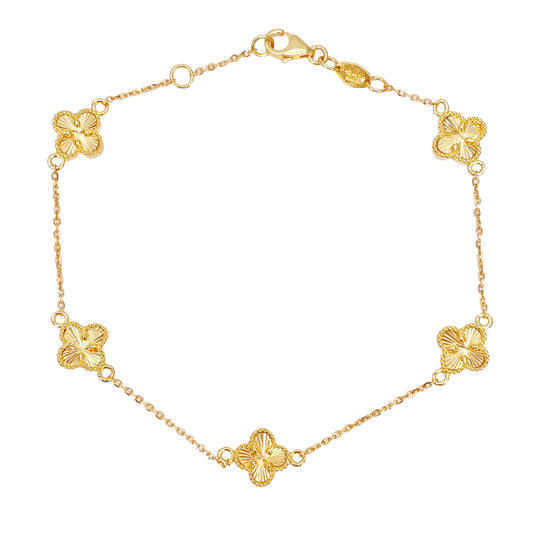 22 Karat Gelbgold Armband mit 5 Blumen-Kleeblättern und Diamantschliff, 19 cm