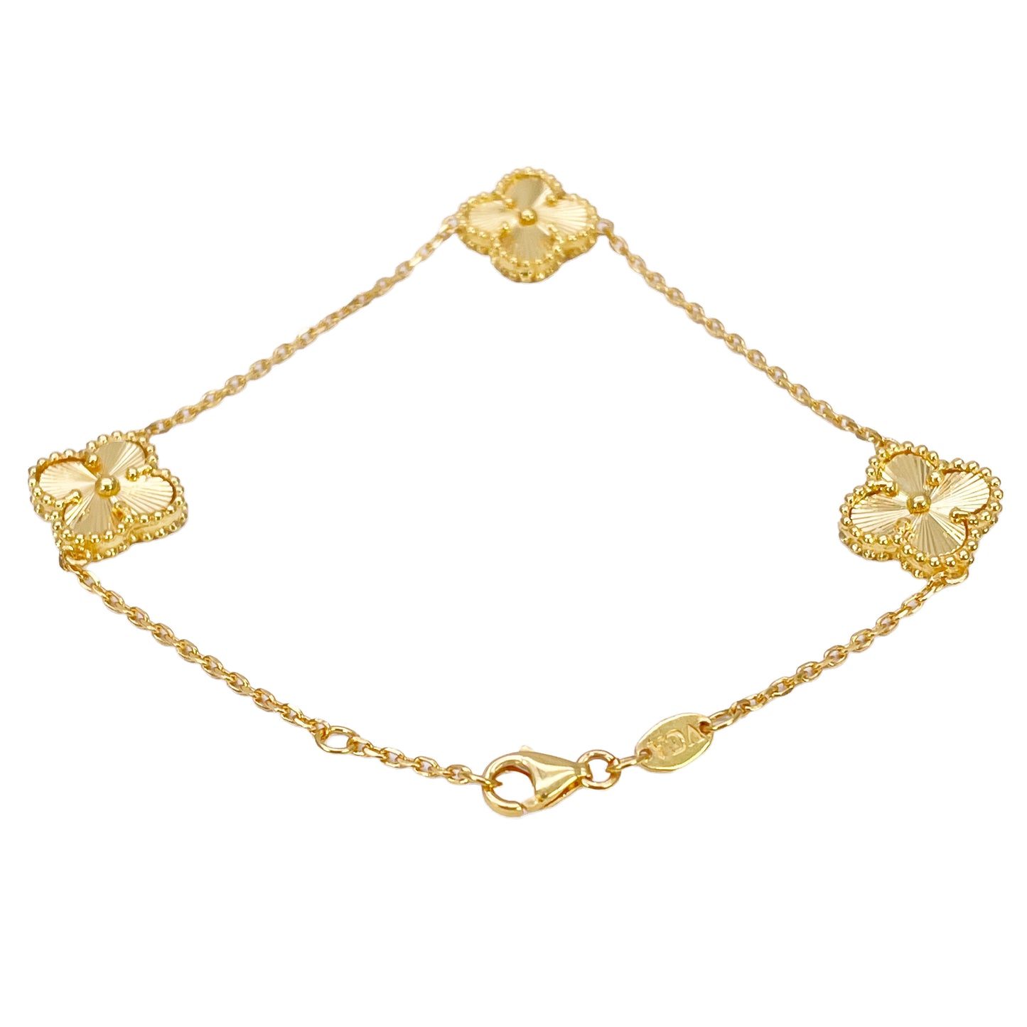 22 Karat Gelbgold Armband mit 5 Blumen-Kleeblättern und Diamantschliff, 19 cm