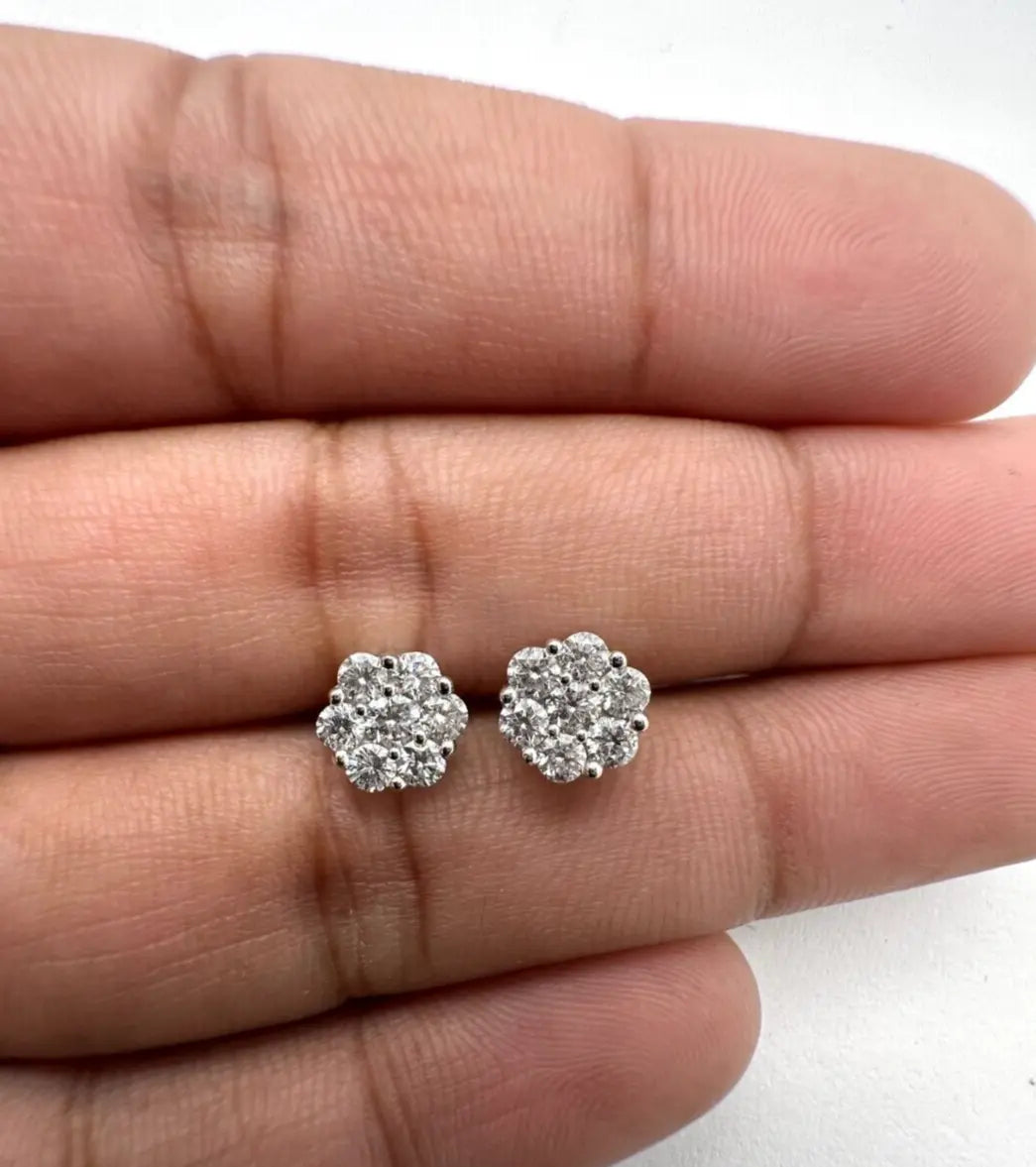 14ct White Gold Diamond Daisy Cluster Earrings 0.75cts GSI diamond Hallmarked 