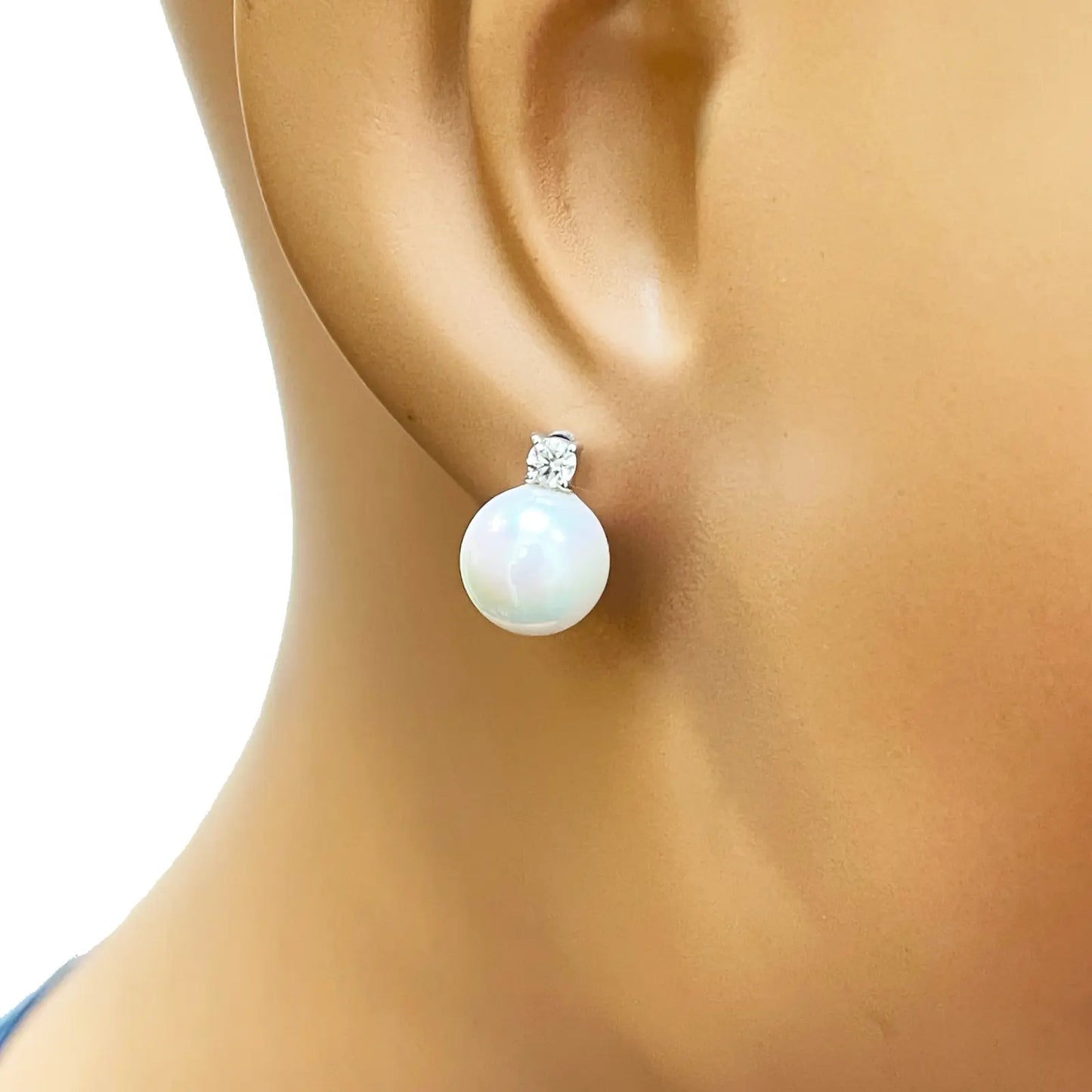 14ct White Gold Freshwater Pearl & Diamond Drop Pair Earrings 0.22ct 
