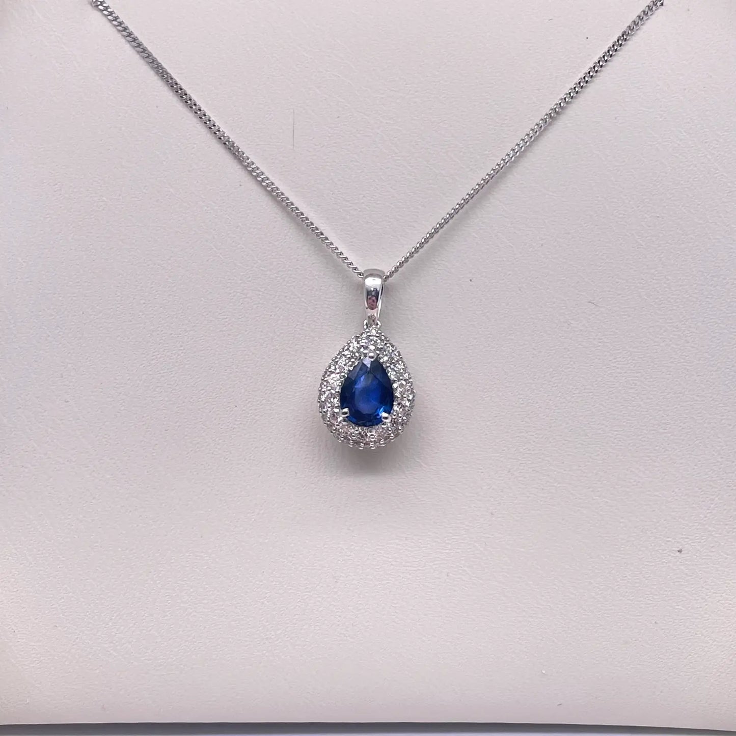 18ct White Gold Double Row Halo Diamond Blue Sapphire Pear Pendant&Chain 0.32ct 
