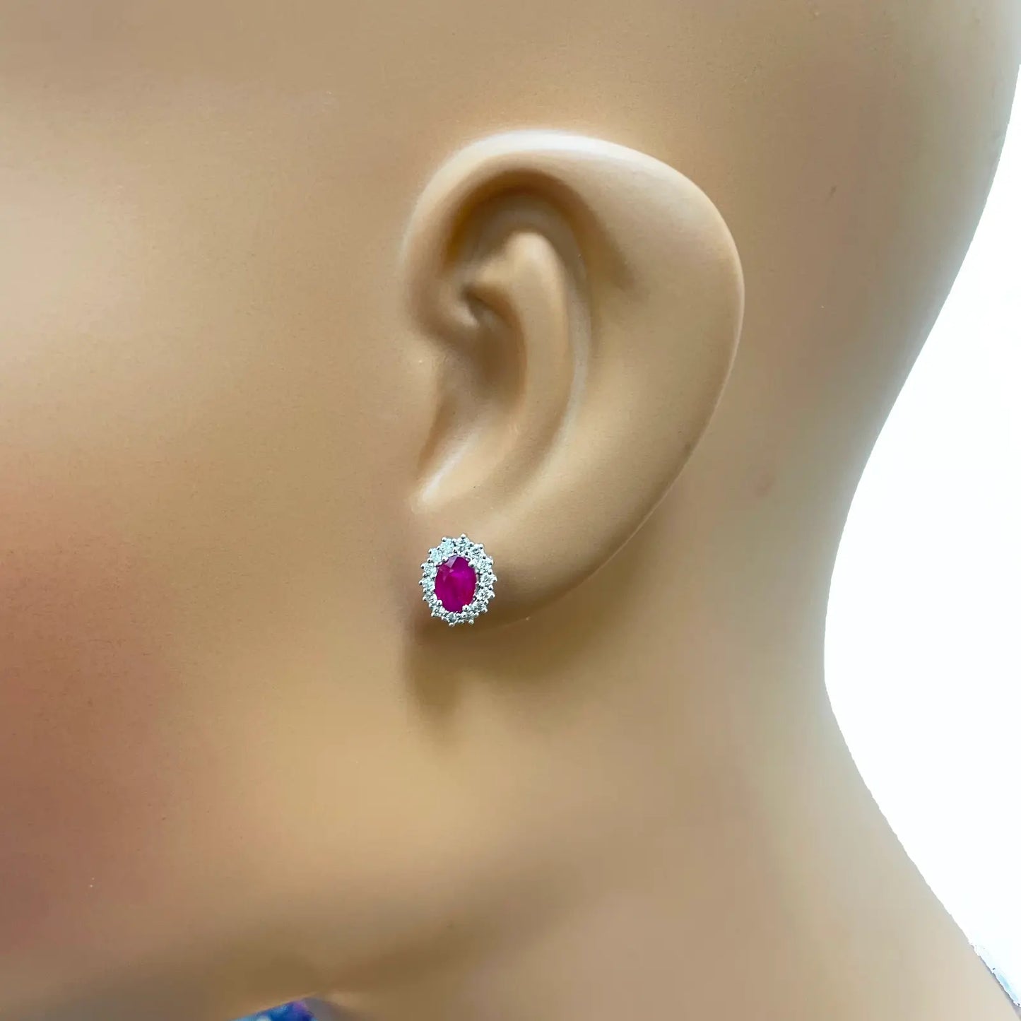 18ct White Gold Natural Red Ruby & Diamond Oval Cluster Earrings 1.13ct 