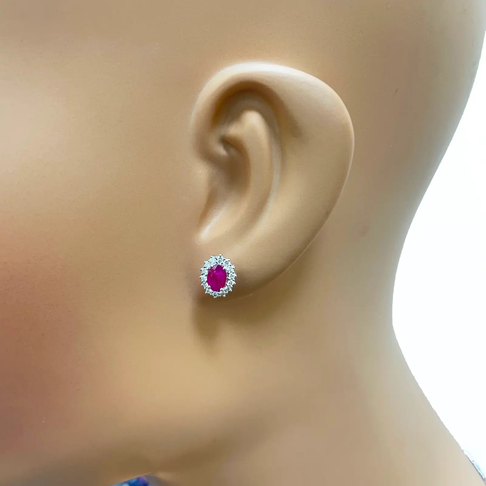 18ct White Gold Natural Red Ruby & Diamond Oval Cluster Earrings 1.13ct 