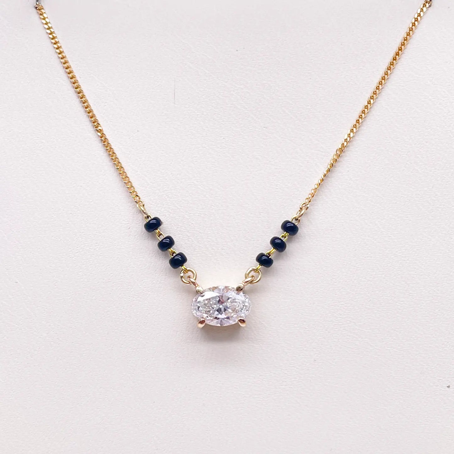 18ct Yellow Gold Lab Grown Oval Diamond 1.00ct Black Beads Mangalsutra Necklace IGI Certified 