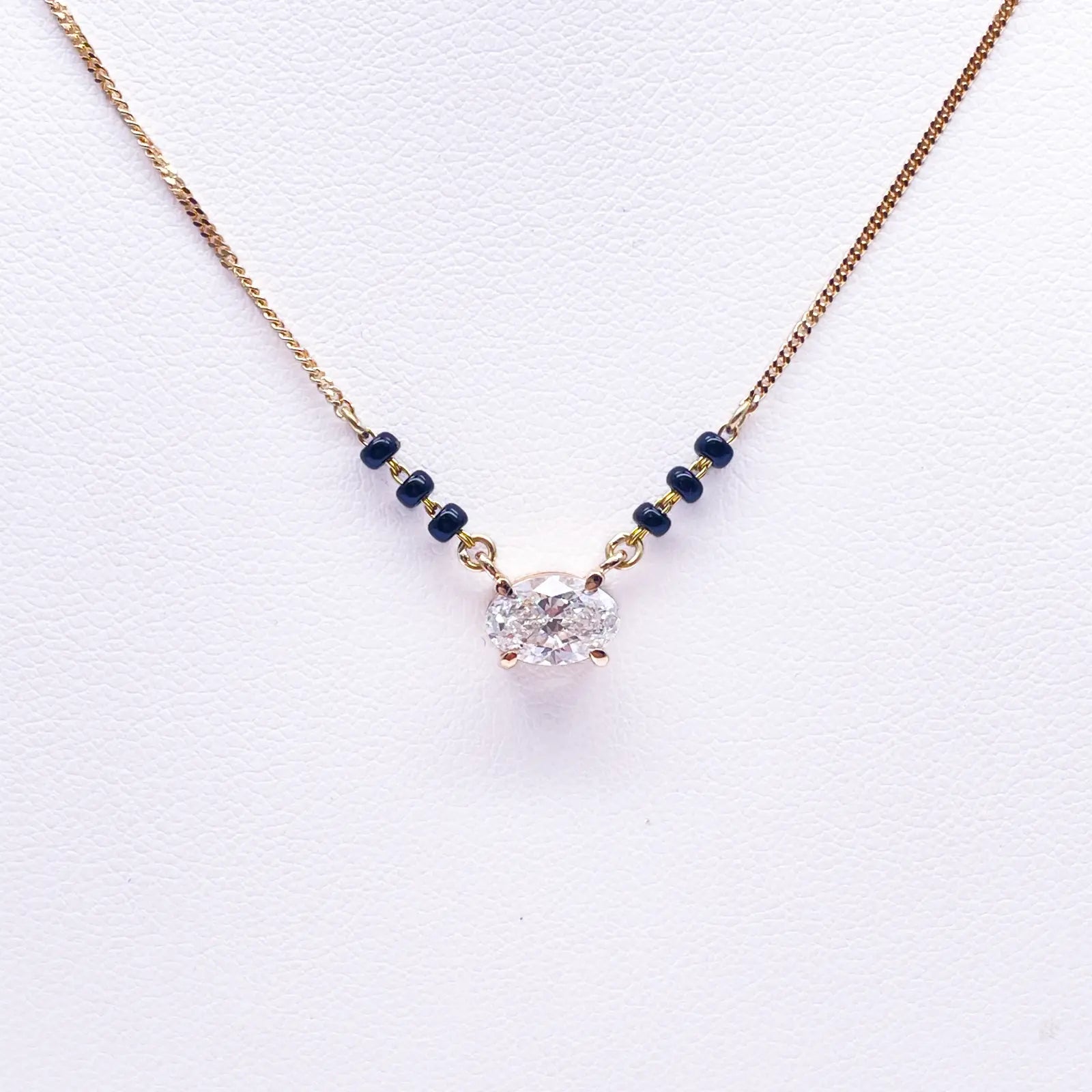 18ct Yellow Gold Lab Grown Oval Diamond 1.00ct Black Beads Mangalsutra Necklace IGI Certified 